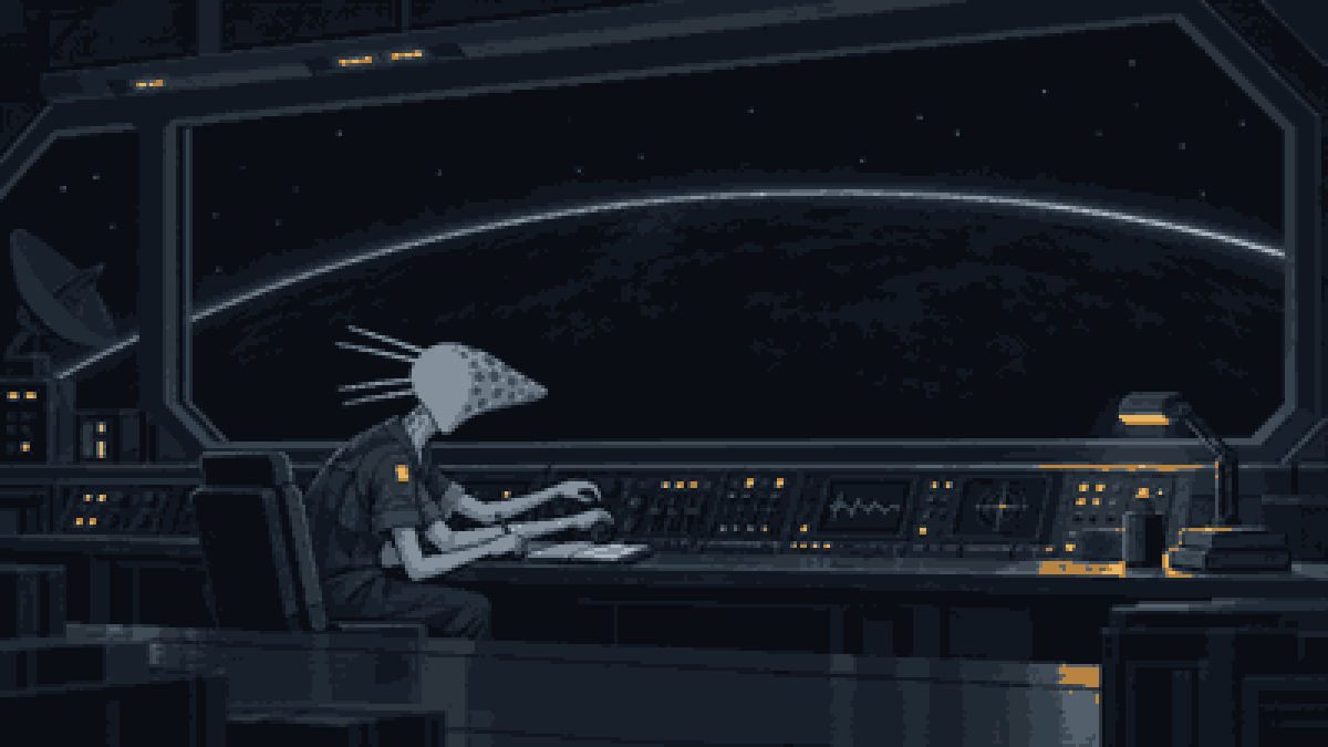 The operator on watch at the console of Nyktos Station, the planet's night side beyond the long window